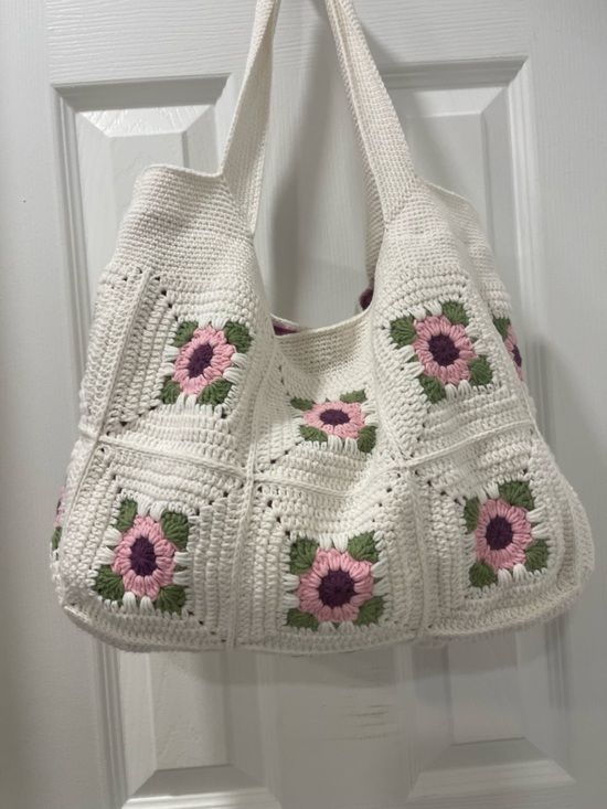 no brand Handbags - Cream Crochet Shoulder Bag with Pink Floral Squares so adorable! 😍